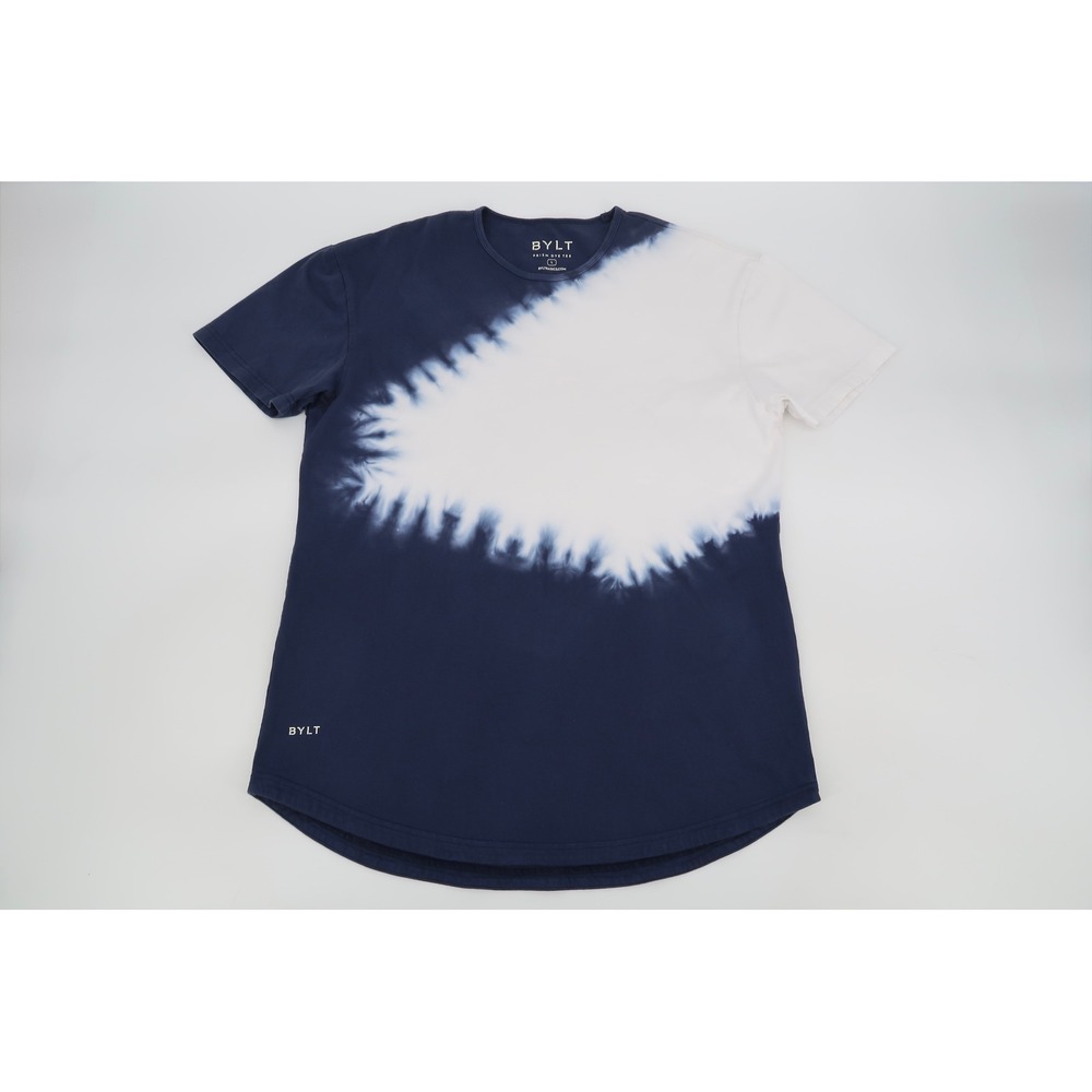 BYLT Prism Dye Tee Mens Large Navy Blue White Tie Dye Curved Hem Cotton Shirt